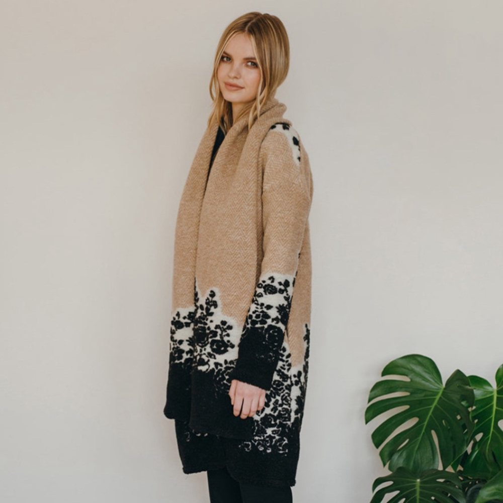 Rebecca King chevron floral wrap coat tan wool blend fuzzy warm a xs